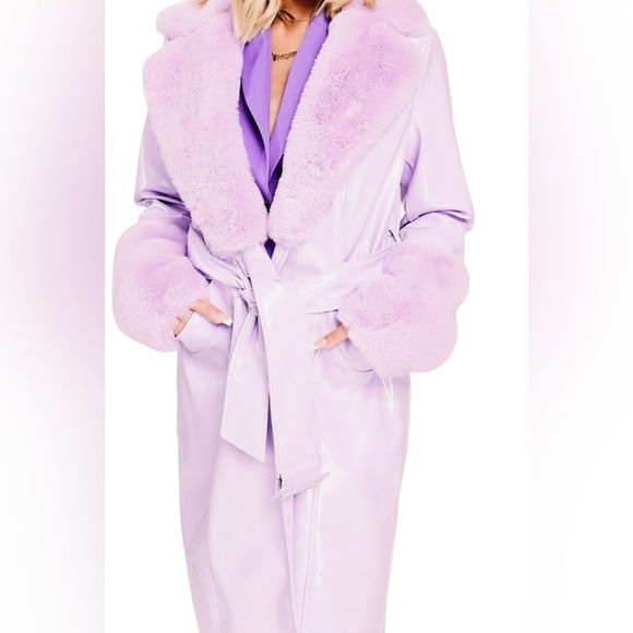 ASOS Luxe Faux Leather Coat with Faux  Fur  collar and cuffs, Lavender, 8 - Picture 2 of 9